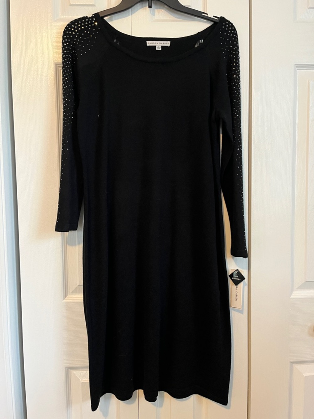 Sandra Darren Black Long Sleeve Knit Dress with Rhinestone-Embellished Sleeves